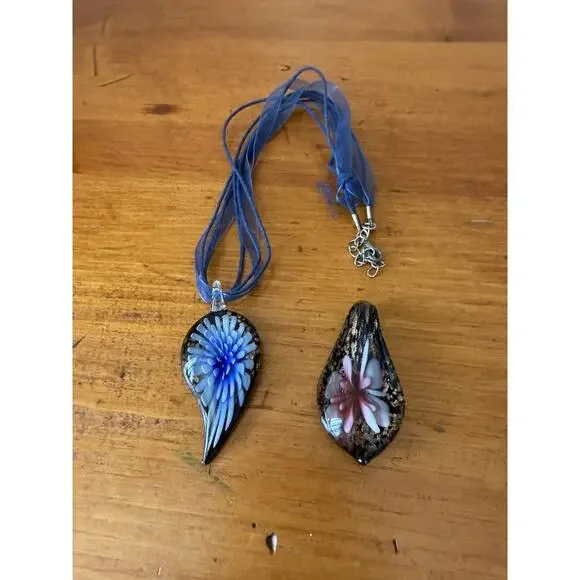 Art Glass Pendant Necklace Blue Floral + Extra Pendant Murano Style - Picture 15 of 15